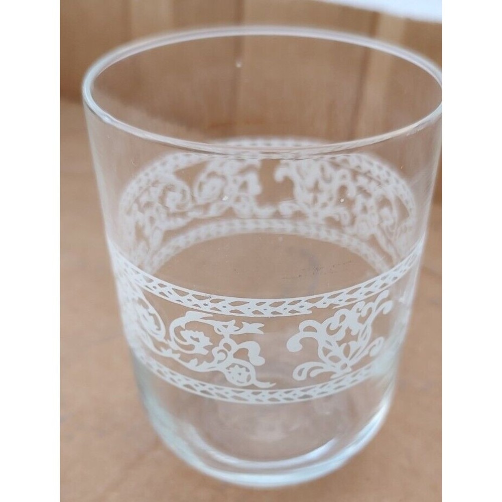 Vintage Low Ball Drinking Juice Glass White Flower Moroccan Etched Embossed